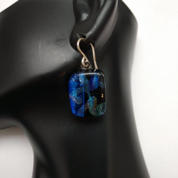 Hand Made Blue and Black Dangle Earrings With Dichroic Square Glass Beads - Picture 7 of 16